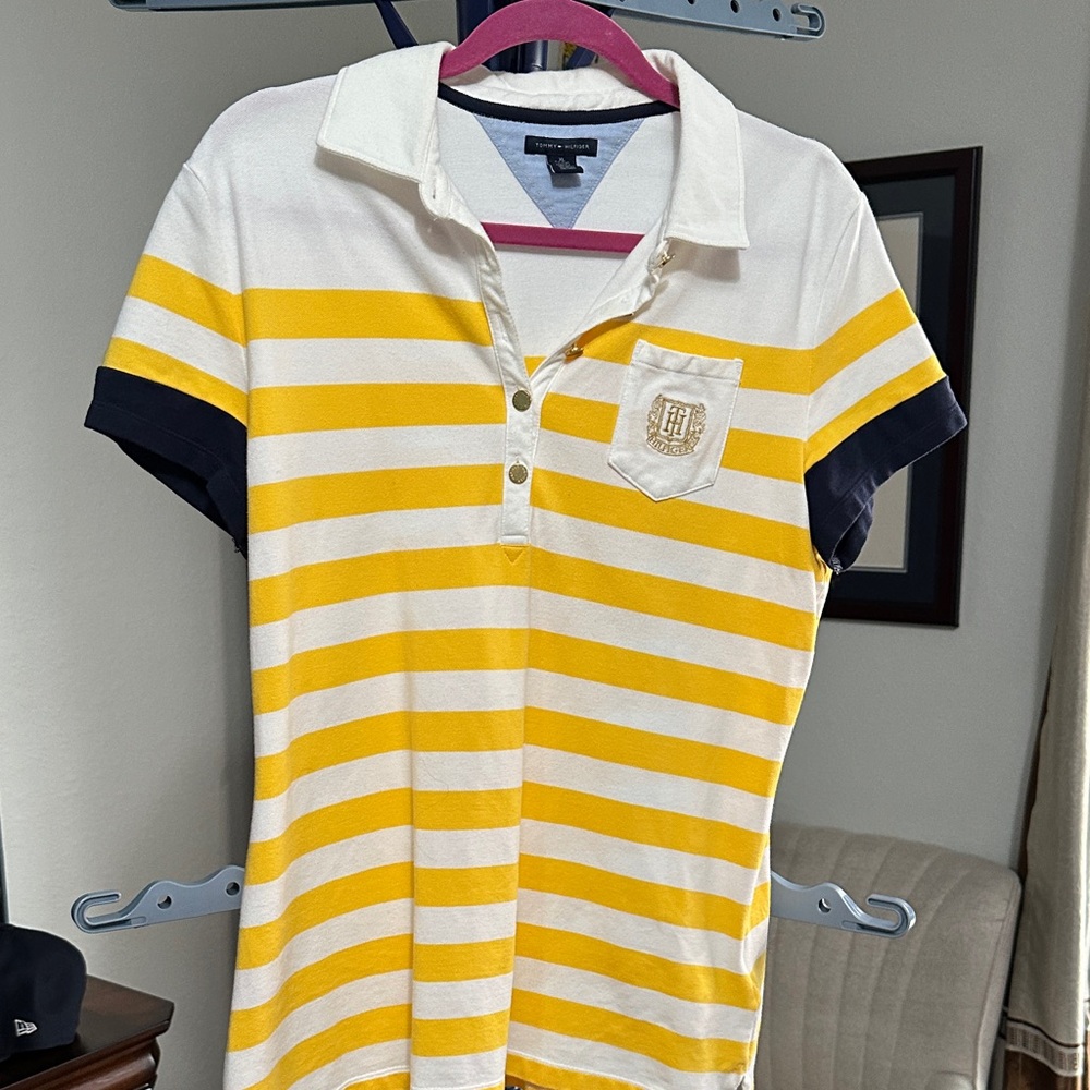 Tommy Hilfiger Women's Polo with Yellow and White Stripes